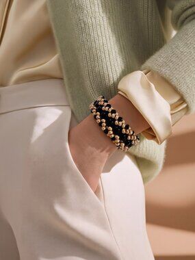 Handmade Black & Gold‎ Beaded Bracelet Magnetic Clasp Gift Box Jewelry